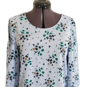 Ann Taylor Top Women's Medium White Blue Striped Floral Flared Sleeve Blouse